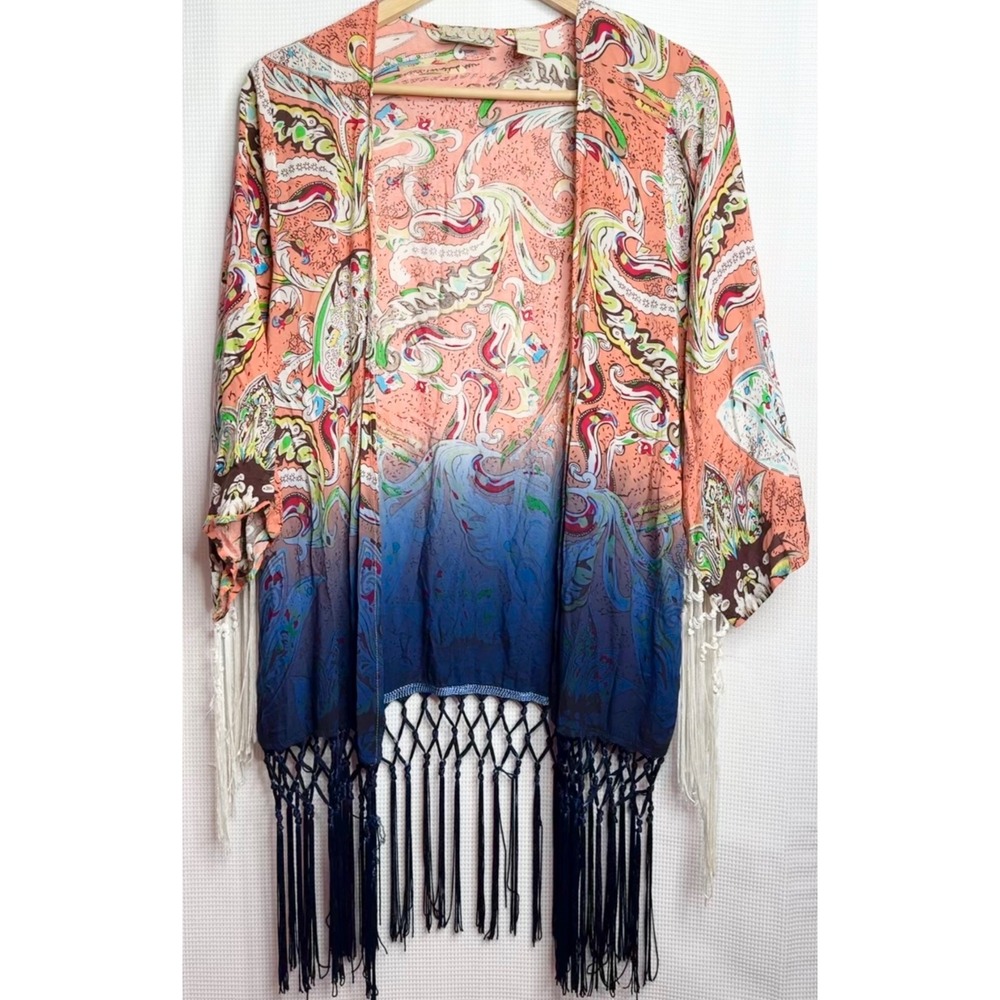BKE Paisley Ombre Fringe Kimono Wrap Boho Cardigan Duster Festival Tassel Small